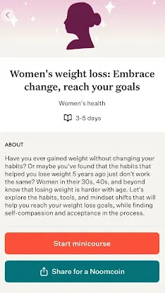 App screen capture of Women's Health Module reads "Women's weight loss: Embrace change, reach your goals"